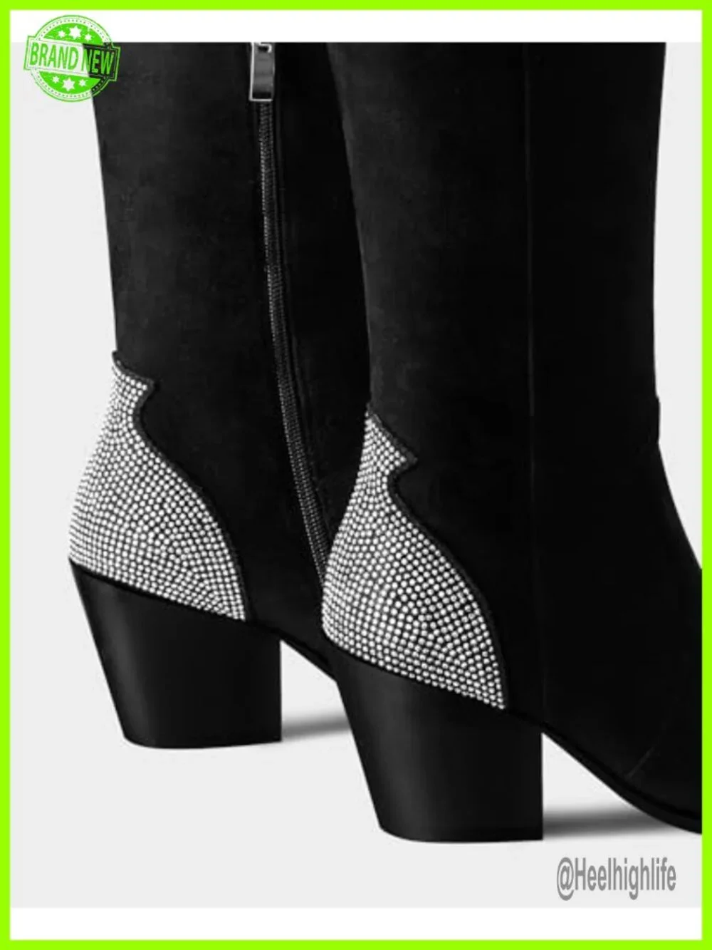 Faux Suede Cowgirl Boots - Rhinestone Thigh High Over The Knee Chunky Heel